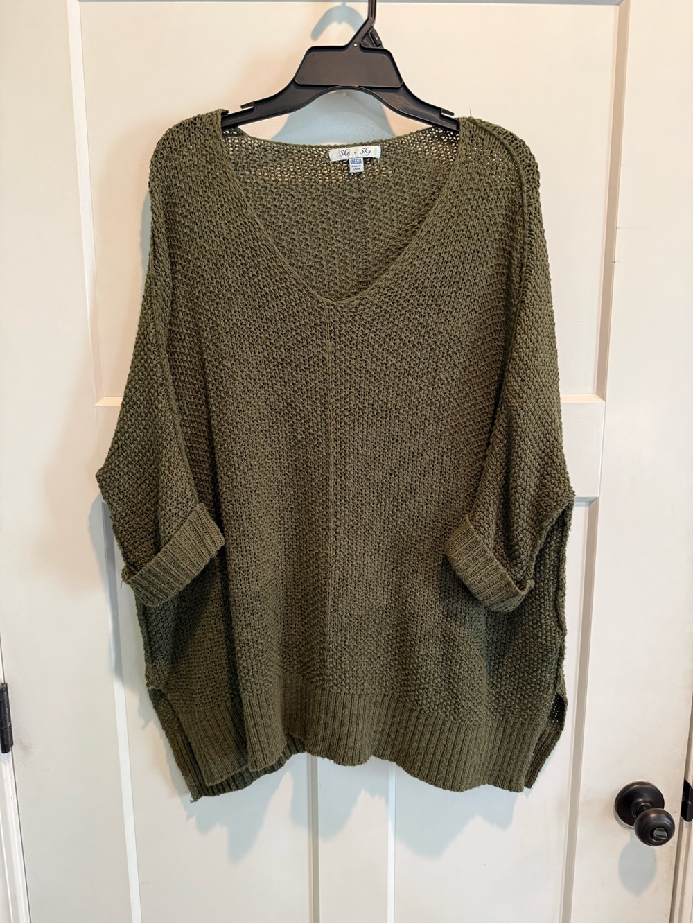 She & Sky Olive Green V-Neck Oversized Knit Sweater